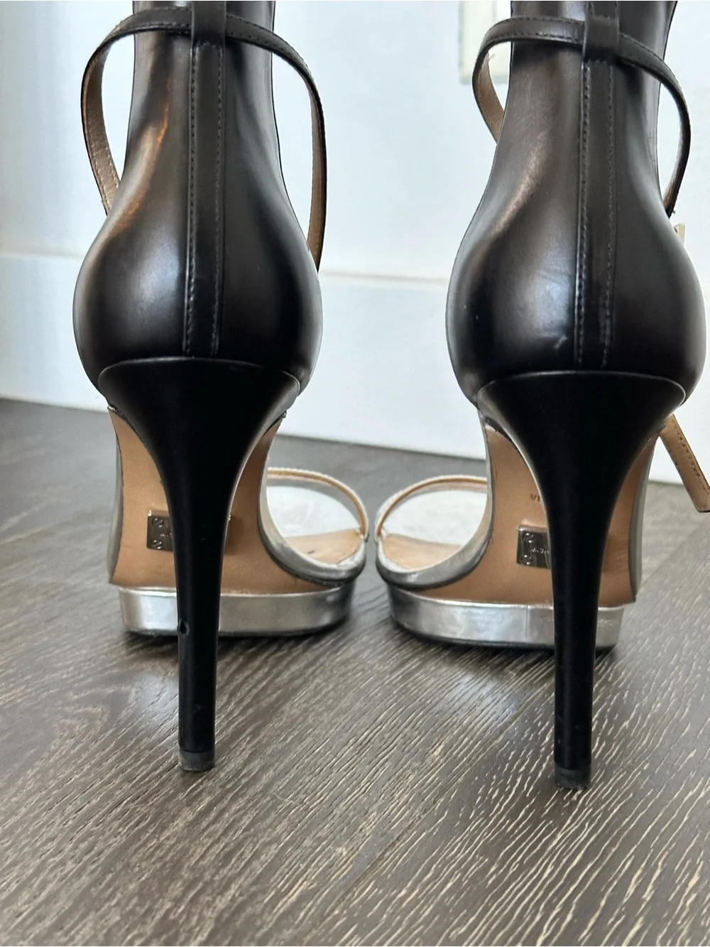 Michael Kors Black and Silver Stiletto Ankle-Strap Sandals